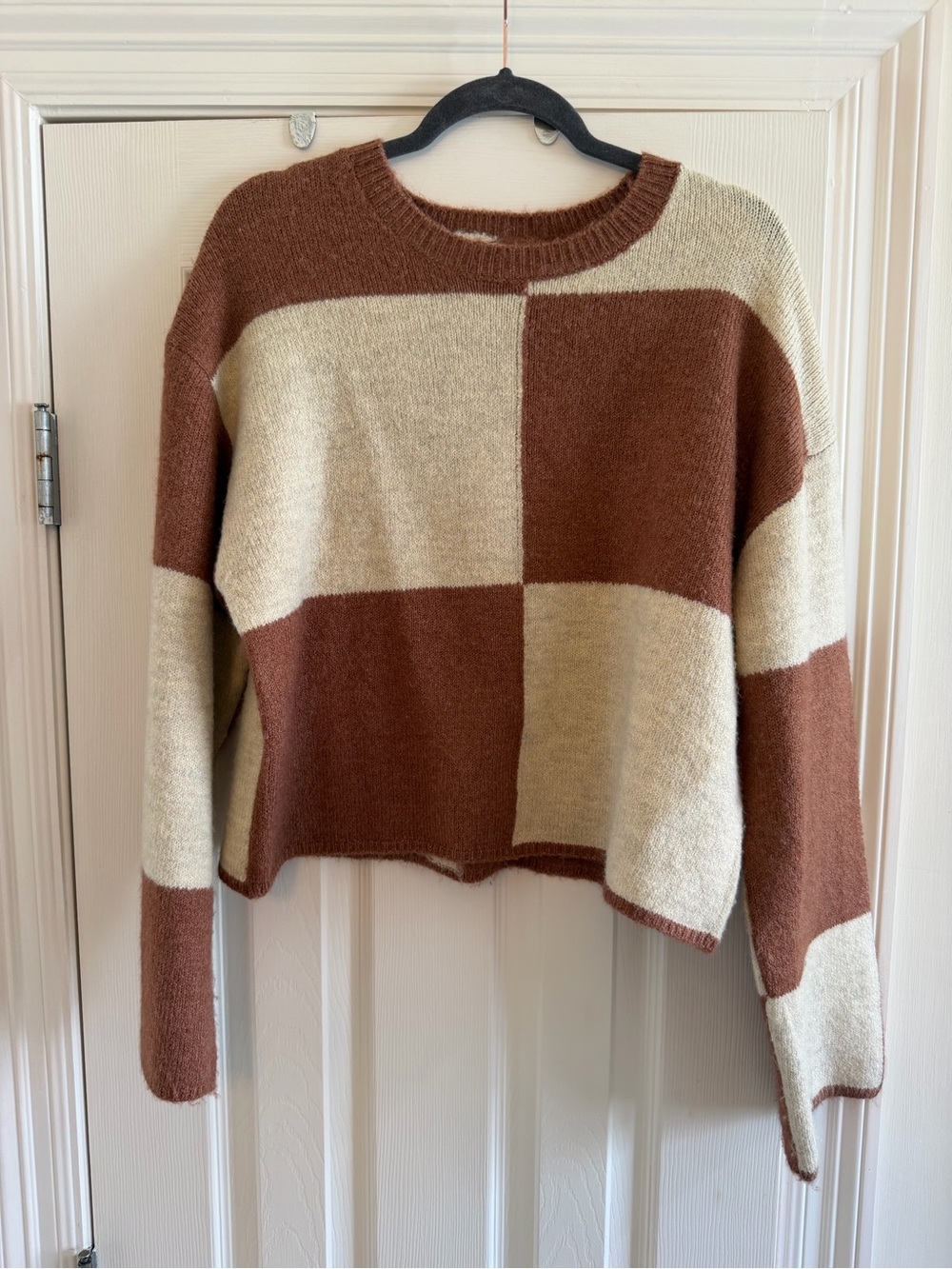 Z Supply Checkerboard Crewneck Sweater in Brown and Cream
